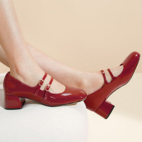 Mtvrmall - Women Leather Double Buckle Heeled Mary Janes