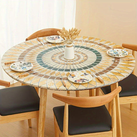 1pc Easy-Clean Round Tablecloth - Waterproof, Oil & Stain Resistant - Elastic Edge for Secure Fit, Home Dining Elegance