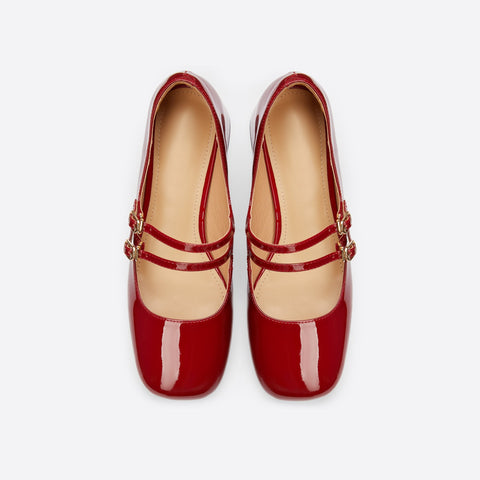 Mtvrmall - Women Leather Double Buckle Heeled Mary Janes