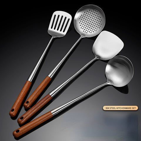 1pc 304 Stainless Steel Wood Spatula Spoon, Kitchenware Rosewood Extended Wooden Handle Spatula Soup Spoon Frying Spatula, Household Kitchen Supplies