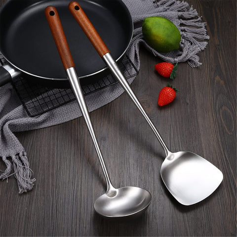 1pc 304 Stainless Steel Wood Spatula Spoon, Kitchenware Rosewood Extended Wooden Handle Spatula Soup Spoon Frying Spatula, Household Kitchen Supplies