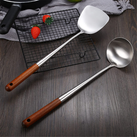 1pc 304 Stainless Steel Wood Spatula Spoon, Kitchenware Rosewood Extended Wooden Handle Spatula Soup Spoon Frying Spatula, Household Kitchen Supplies