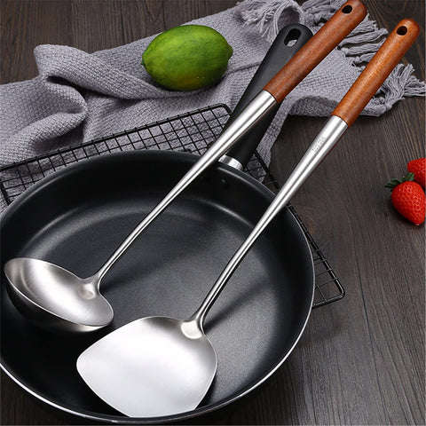 1pc 304 Stainless Steel Wood Spatula Spoon, Kitchenware Rosewood Extended Wooden Handle Spatula Soup Spoon Frying Spatula, Household Kitchen Supplies