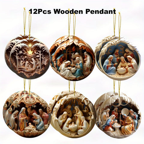 12pcs Nativity Scene Wooden Ornaments Set - 2D Flat Pendants for Youngsters Showers & Birthdays, Full Moon Decorations, Festive Home Accents