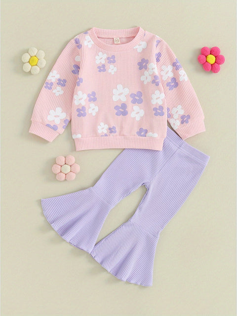 0-5Y Toddler Kids Girl Clothes Sets 2pcs Long Sleeve Floral Print Pullover Sweatshirts Tops + Flare Pants