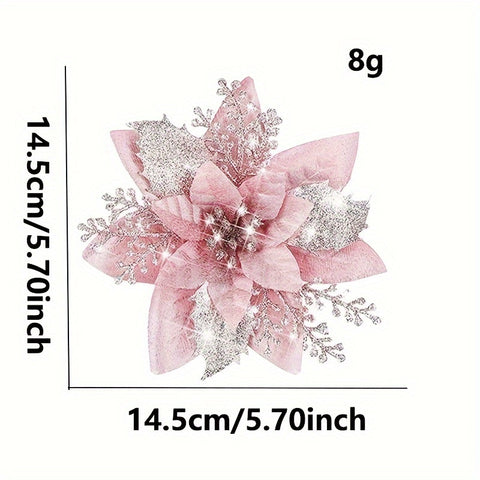 10 Pcs Pink Glitter Poinsettia Artificial Flowers - Graptosedum Plastic Christmas Tree Ornaments for Seasonal Holiday Home Decor Accents