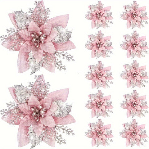 10 Pcs Pink Glitter Poinsettia Artificial Flowers - Graptosedum Plastic Christmas Tree Ornaments for Seasonal Holiday Home Decor Accents