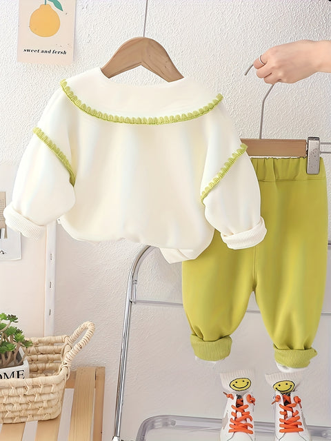 'Hello' Letter Embroidery Girls Set, Long Sleeve Sweatshirt Top + Long Pants Two-piece Spring And Autumn Set