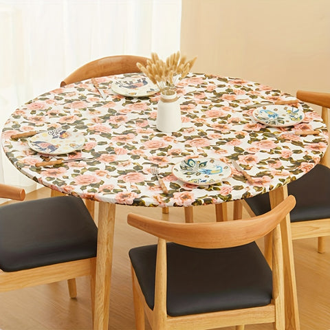 1pc Easy-Clean Round Tablecloth - Waterproof, Oil & Stain Resistant - Elastic Edge for Secure Fit, Home Dining Elegance