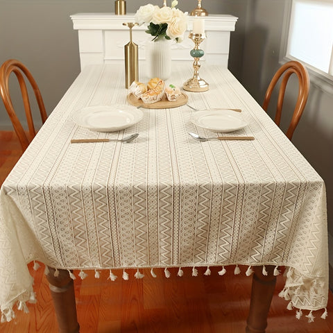 1pc Beige Crochet Tablecloth - Durable & Stylish Boho Decor - Waterproof, Oil-proof, Washable - Perfect for Picnics, Weddings, Home Dining, & More