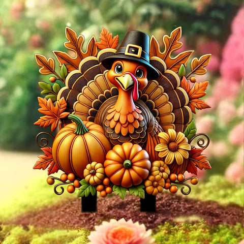 11.8" x 10.4" Vibrant Thanksgiving Turkey and Pumpkin Yard Sign - Durable, Sun-Catching, Scratch & Solvent Resistant, Classic Style, Animal Theme, Pole Mount, Multipurpose for Outdoor Gardens & Potted Landscapes, Ideal Gift for Friends and Family, No Elec