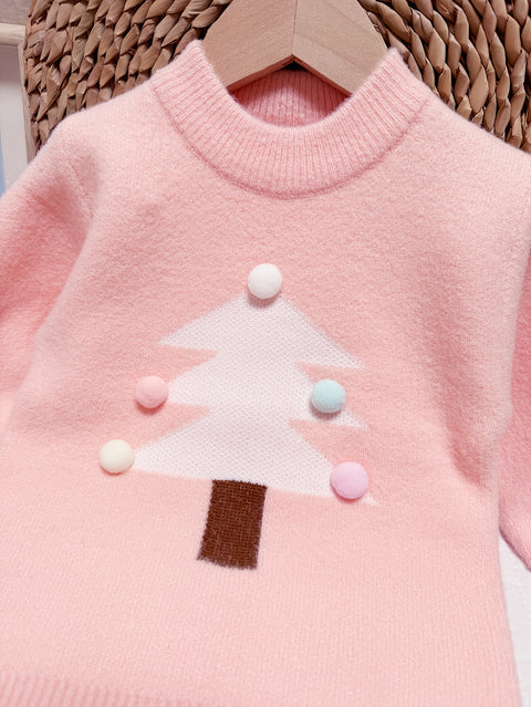 1pc Cozy Christmas Tree Pattern Knit Pullover Sweater - Soft 100% Cotton, Crew Neck, Casual, Autumn/Winter Wear, Girls' Favorite Holiday Outfit - Perfect for Chilly Days