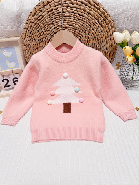 1pc Cozy Christmas Tree Pattern Knit Pullover Sweater - Soft 100% Cotton, Crew Neck, Casual, Autumn/Winter Wear, Girls' Favorite Holiday Outfit - Perfect for Chilly Days