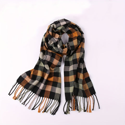 1pc Autumn And Winter Fashion Plaid Men's Imitation Cashmere Scarf Tassel Neck Wrap