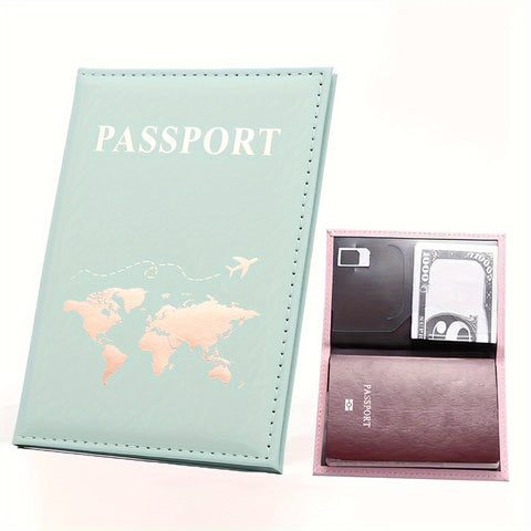 1 Pc Minimalist Small Passport Holder, With Golden Pattern, Portable Bifold Travel Wallet For Women