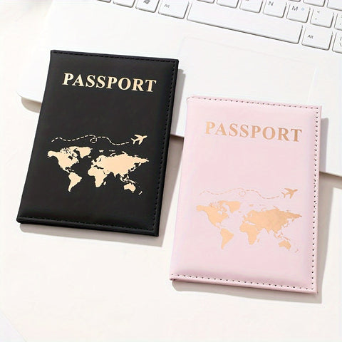 1 Pc Minimalist Small Passport Holder, With Golden Pattern, Portable Bifold Travel Wallet For Women