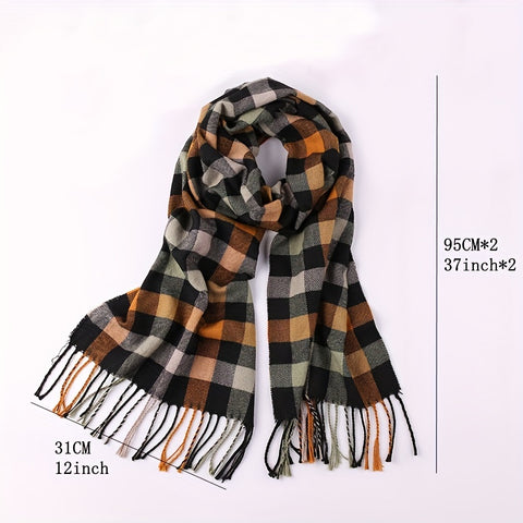 1pc Autumn And Winter Fashion Plaid Men's Imitation Cashmere Scarf Tassel Neck Wrap