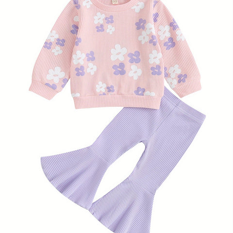 0-5Y Toddler Kids Girl Clothes Sets 2pcs Long Sleeve Floral Print Pullover Sweatshirts Tops + Flare Pants