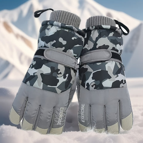 1 Pair Camouflage Ski Gloves for Men, Touchscreen Compatible, Windproof Waterproof Full-Finger Cycling Running Sports Winter Gloves with Fleece Lining, Hand Washable - Polyester Fiber