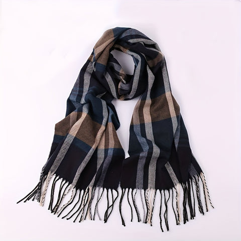 1pc Autumn And Winter Fashion Plaid Men's Imitation Cashmere Scarf Tassel Neck Wrap