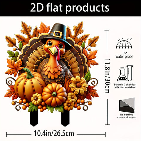 11.8" x 10.4" Vibrant Thanksgiving Turkey and Pumpkin Yard Sign - Durable, Sun-Catching, Scratch & Solvent Resistant, Classic Style, Animal Theme, Pole Mount, Multipurpose for Outdoor Gardens & Potted Landscapes, Ideal Gift for Friends and Family, No Elec