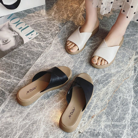 mtvrmall - Top Layer Cowhide Womens Casual Flat Bottomed Sandals Summer New Leather Slippers Womens Shoes