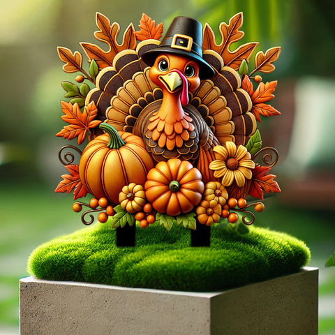 11.8" x 10.4" Vibrant Thanksgiving Turkey and Pumpkin Yard Sign - Durable, Sun-Catching, Scratch & Solvent Resistant, Classic Style, Animal Theme, Pole Mount, Multipurpose for Outdoor Gardens & Potted Landscapes, Ideal Gift for Friends and Family, No Elec