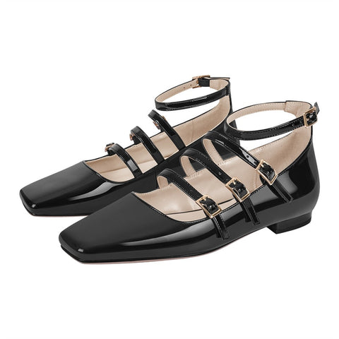 Mtvrmall - Women Flats Square Toe Patent Leather Mary Jane  Strap Retro Elegant Big Size Daily Flats Pumps