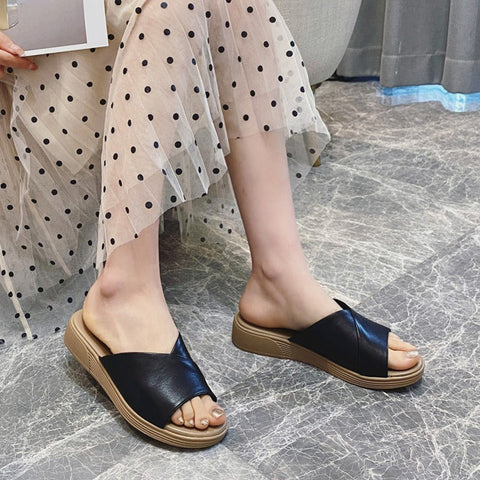 mtvrmall - Top Layer Cowhide Womens Casual Flat Bottomed Sandals Summer New Leather Slippers Womens Shoes
