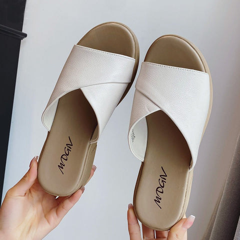 mtvrmall - Top Layer Cowhide Womens Casual Flat Bottomed Sandals Summer New Leather Slippers Womens Shoes