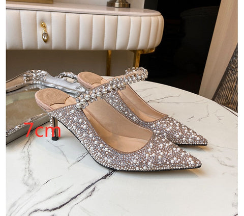 mtvrmall - Pearl Slippers Shoes Women Basic Summer Flock Shiny Rhinestones Pointed Toe Flats Pearl Slippers Fashion Party Women Shoes