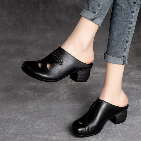 mtvrmall - Retro Style Hand Made Women Slippers,Soft Summer Shoes,Close Toe High Heels Slides,Hollow Out,Black,BROWN
