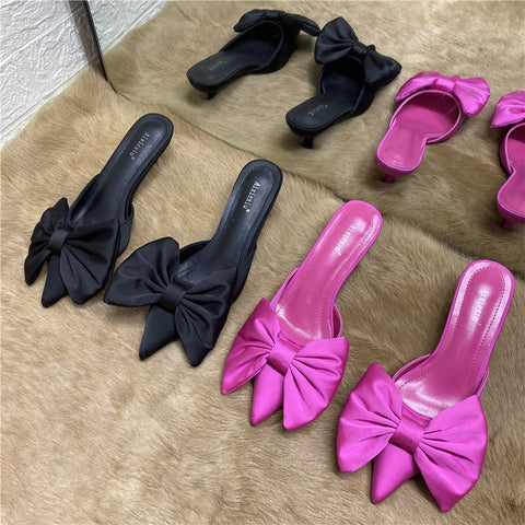 mtvrmall - Spring Pointed Toe Stiletto Heel Kitten Heels Bow Heel-Free Slippers for Women
