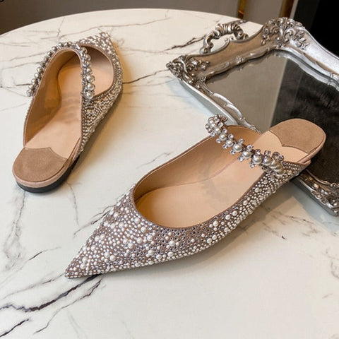 mtvrmall - Pearl Slippers Shoes Women Basic Summer Flock Shiny Rhinestones Pointed Toe Flats Pearl Slippers Fashion Party Women Shoes