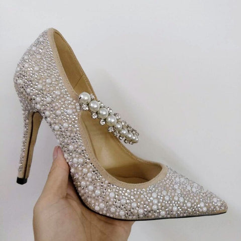 mtvrmall - Pearl Slippers Shoes Women Basic Summer Flock Shiny Rhinestones Pointed Toe Flats Pearl Slippers Fashion Party Women Shoes
