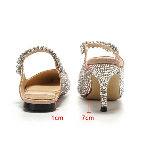mtvrmall - Pearl Slippers Shoes Women Basic Summer Flock Shiny Rhinestones Pointed Toe Flats Pearl Slippers Fashion Party Women Shoes