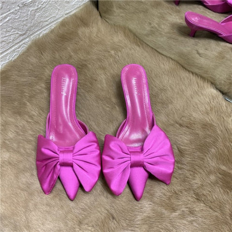 mtvrmall - Spring Pointed Toe Stiletto Heel Kitten Heels Bow Heel-Free Slippers for Women