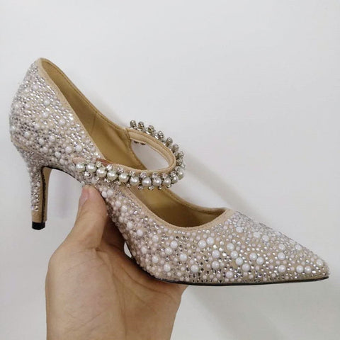 mtvrmall - Pearl Slippers Shoes Women Basic Summer Flock Shiny Rhinestones Pointed Toe Flats Pearl Slippers Fashion Party Women Shoes