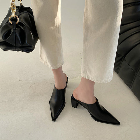 mtvrmall Fashion Women Sandals Slippers Roman Style Slides Party Pumps Thick Square Heeled Black/White Mules Shoes Pointed Toe Slides 39