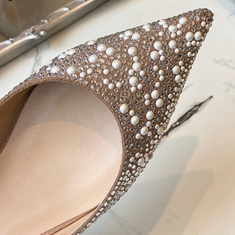 mtvrmall - Pearl Slippers Shoes Women Basic Summer Flock Shiny Rhinestones Pointed Toe Flats Pearl Slippers Fashion Party Women Shoes