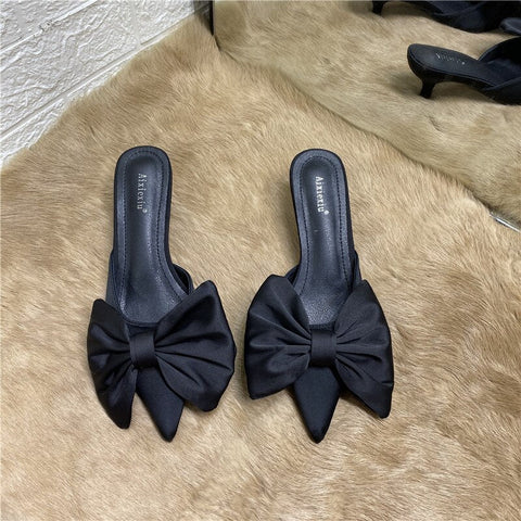 mtvrmall - Spring Pointed Toe Stiletto Heel Kitten Heels Bow Heel-Free Slippers for Women