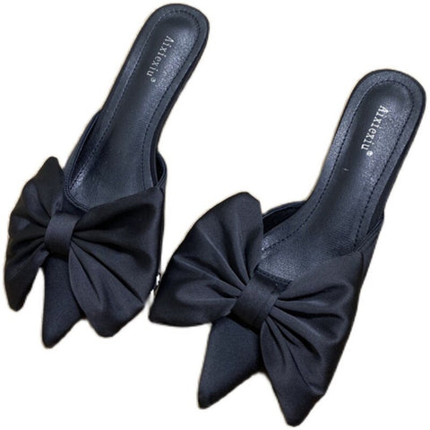mtvrmall - Spring Pointed Toe Stiletto Heel Kitten Heels Bow Heel-Free Slippers for Women