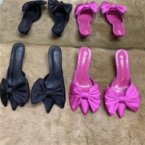 mtvrmall - Spring Pointed Toe Stiletto Heel Kitten Heels Bow Heel-Free Slippers for Women