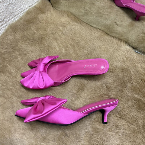 mtvrmall - Spring Pointed Toe Stiletto Heel Kitten Heels Bow Heel-Free Slippers for Women