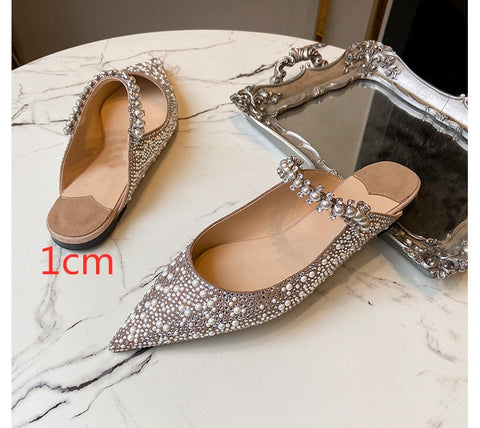 mtvrmall - Pearl Slippers Shoes Women Basic Summer Flock Shiny Rhinestones Pointed Toe Flats Pearl Slippers Fashion Party Women Shoes