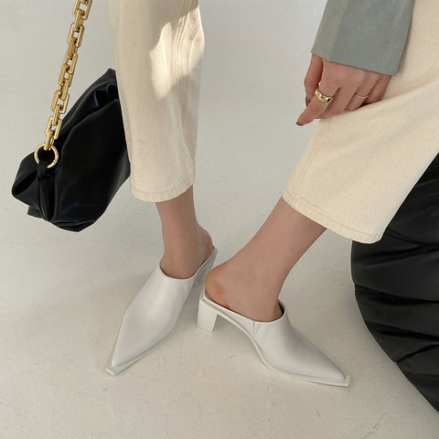 mtvrmall Fashion Women Sandals Slippers Roman Style Slides Party Pumps Thick Square Heeled Black/White Mules Shoes Pointed Toe Slides 39