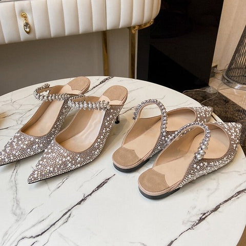 mtvrmall - Pearl Slippers Shoes Women Basic Summer Flock Shiny Rhinestones Pointed Toe Flats Pearl Slippers Fashion Party Women Shoes