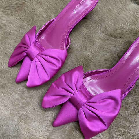 mtvrmall - Spring Pointed Toe Stiletto Heel Kitten Heels Bow Heel-Free Slippers for Women