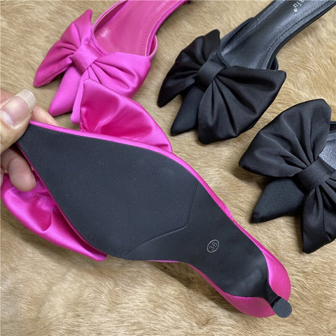 mtvrmall - Spring Pointed Toe Stiletto Heel Kitten Heels Bow Heel-Free Slippers for Women
