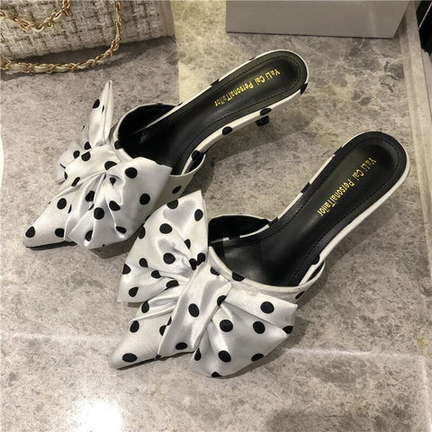mtvrmall - Spring Pointed Toe Stiletto Heel Kitten Heels Bow Heel-Free Slippers for Women